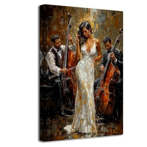 Image of ZXHYWYM Black Jazz Wall Art African American Music Painting Jazz Band with Violin Canvas Prints Black Women Poster Picture for Bedroom Living Room Decor Framed (30L x 45W cm)