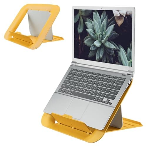 Image of Leitz Adjustable Laptop Stand, Compact Laptop Holder With 4 Height Settings, 80% Recycled Plastic & 100% Recycable, Ergo Cosy Range, Warm Yellow, 312 x 50 x 247mm, 64260019