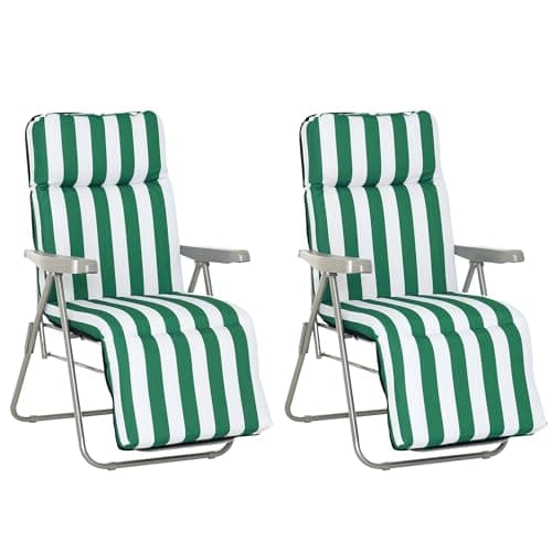 Image of Outsunny 2 Pieces Outdoor Sun Lounger Set with Cushions, Patio Folding 5-Level Adjustable Backrest Recliner Chairs Set of 2 with High Backrest and Armrests, Green & White