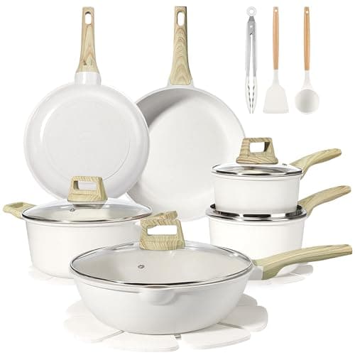 Image of GiPP 18PCS Pots and Pans Set with Granite Non-Stick Coating,Induction Frying Pans Set, Kitchen Cookware Set, Non-Toxic Cooking Pan & Pot Sets for All Hob Types(White,18PCS)