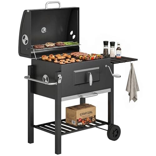 Image of Outsunny Charcoal Grill BBQ Trolley with Adjustable Charcoal Grate, Garden Metal Smoker Barbecue with Shelf, Side Table, Wheels, Built-in Thermometer, Bottle Opener