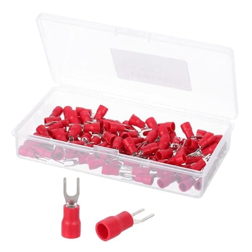 Image of sourcing map Insulated Fork Spade Connectors, 16-14AWG SV2-3 U-Type Tinned Copper Waterproof Fork Crimp terminals Connectors for Industrial Electrical Marine Wiring, Pack of 100 (Red)