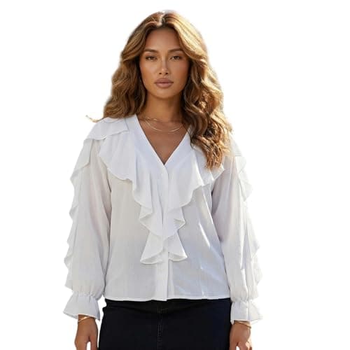Image of Women Long Sleeve Blouse Button Closure Ruffle Shirt Solid Colour Floral Butterfly Print Elegant V Neck Sexy Casual Office Chiffon Shirt Blouse (White, M)