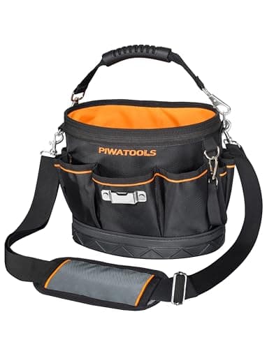 Image of Piwatools Small 18-Pocket Tool Tote Bag, Heavy Duty 1680D Electricians Tool Bag with Waterproof Hard Base, Hard-Body Bucket, Open Top Tool Organizer with Shoulder Strap & Handle, L26 x W15 x H23 CM