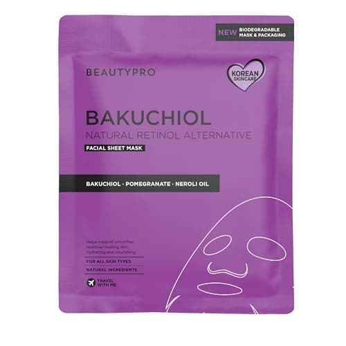 Image of BEAUTYPRO BAKUCHIOL Natural Retinol Face Mask Hydrating Bamboo Facial Sheet Nourishing Korean Skincare Vegan Ingredients 100% Biodegradable Multi Award Winning Brand