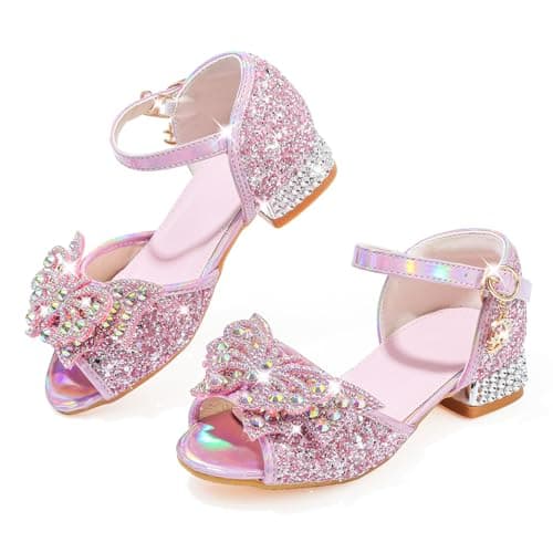 Image of Mokayu Girls Sandals Glitter Princess Mary Jane Pump Shoes Open Toe Toddler Low Heels Sandals Dress Up Shoes Bling Bowknot Party Wedding Birthday Prom Cosplay Shoes Pink UK12