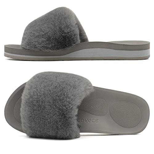 Image of COFACE Womens Slippers with Arch Support Open Toe Faux Fur Women Fluffy Sliders Size 5 Orthopedic Orthotic Ladies House Slippers for Plantar Fasciitis