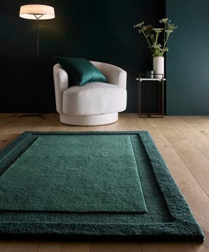 Image of Lord of Rugs Modern Wool Border Rug Handcrafted Soft Plush Texture Elegant Layered Framed Design Carpet for Living Room Bedroom Rug Dark Green, Medium 120 x 170 cm (4'x5'6")