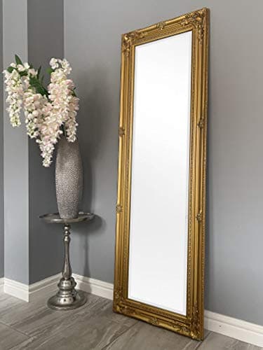 Image of DOWNTON INTERIORS UK Antique Gold Tall Ornate Dressing Wall Mirror with Bevelled Glass - Overall Size: 142cm x 47cm