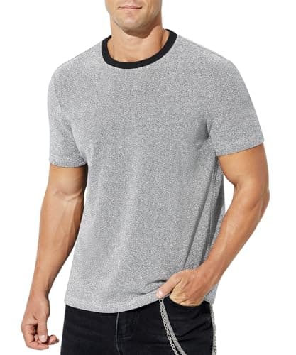 Image of Casey Kevin Men's Sparkly T-Shirts Sequin Tops Shiny Disco Shirt Rave Glitter Party Oufit Light Short Sleeve Reflective Shirts,Silver,M