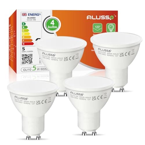 Image of ALUSSO 5W GU10 LED Bulbs Cool White 6000K, 400lm Brightness, 120° Wide Beam Angle, Pack of 4, Non-Dimmable, Ideal for Kitchen & Bedroom & More