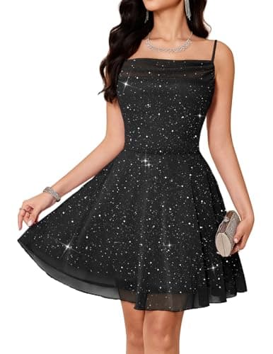 Image of Bridesmay Women's Spaghetti Strap Sparkly Black Short Prom Dresses Plus Size,Cowl Neck Cocktail Dress for Graduation, Black, XXL