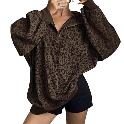 Image of Women's Leopard Print Sweatshirt Half Zip, Oversized Retro Long Sleeve Corduroy Pullover Fall Winter Casual Tops (Brown,L)