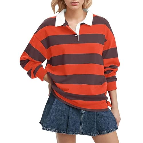 Image of Women's Oversized Striped Sweatshirt Long Sleeve Rugby Collared Pullover Tops Loose Fit Shirt Mock Top (Orange, M)