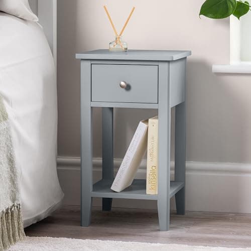 Image of CHRISTOW Slim Grey Bedside Table With Drawer & Shelf, Modern Narrow Bedroom Nightstand, Wooden MDF Side End Stand for Living Room Hallway Sofa, Brushed Chrome Handle (H57cm x W32cm x D32cm)