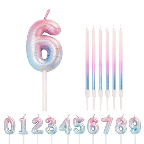 Image of HONGCI Pink Blue 6 Candle 6th Birthday Candles for Cake, Cute Number Candle 6 Happy Birthday Candles 6th Birthday Cake Candles Cake Topper for Girls Birthday Wedding Anniversary Cake Decorations