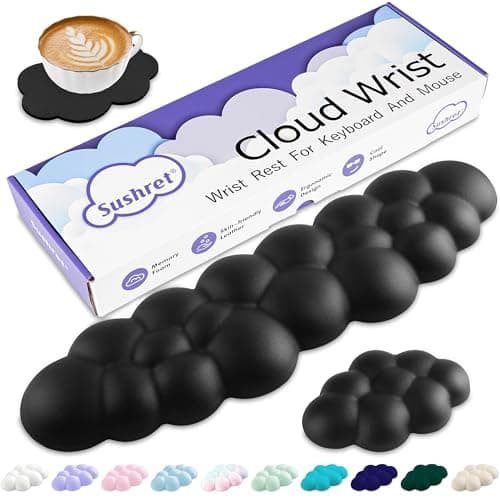 Image of Sushret Cloud Wrist Rest Keyboard, Cloud Palm Rest Set with PU Leather Memory Foam, Cute Keyboard Rest for Wrist Support and Arm Rest, Desk Cloud Wrist Pad for PC/Gaming/Hand Cushion/Computer-Black