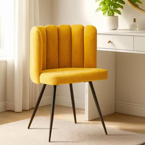 Image of LEMROE Yellow Accent Chair, Velvet Shell Dressing Table Chair, Vanity Petal Armchair with Backrest, Living Room Upholstered Tub Chair with Metal Legs for Bedroom Lounge