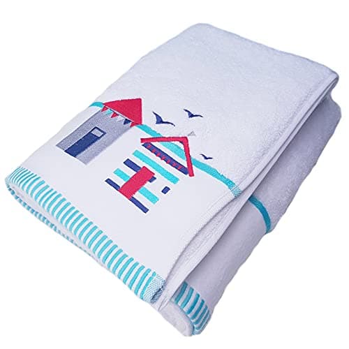 Image of Turkish Cotton Towels Embroidered Designs 550Gsm Soft Plush Quality Bathroom Towel (Beach Hut, Bath Sheet)