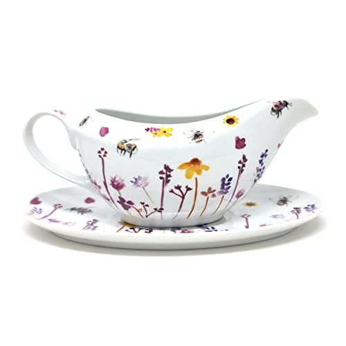 Image of Fine China Gravy Boat Pitcher with Lip & Saucer Stand - Busy Bees The Jennifer Rose Gallery Design