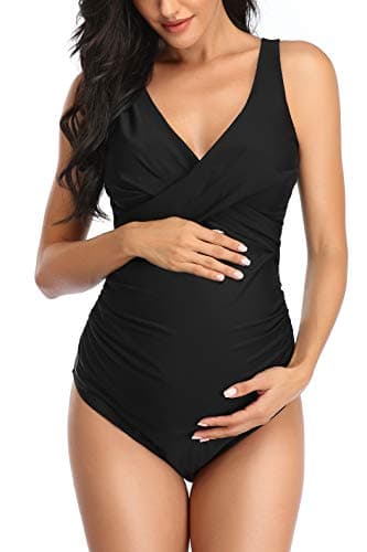 Image of SUMMERSUNSHINE Maternity One Piece Swimwear Front Cross Pregnancy Swimsuit Bathing Suit Maternity Bikini, Black, L