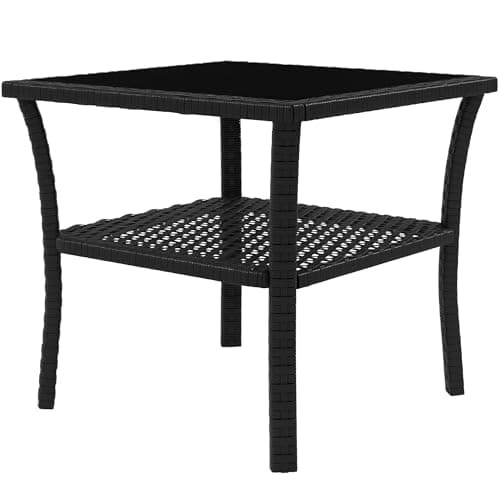 Image of Outsunny 50cm Outdoor PE Rattan Coffee Table, Patio Wicker Two-tier Side Table with Glass Top, for Patio, Garden, Balcony, Black