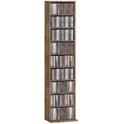 Image of HOMCOM 260 CD/120 DVD Storage Unit, Blu-ray Media Storage Shelf with 9 Compartments and 6 Adjustable Shelves, CD Tower for Living Room, Bedroom, Office, Rustic Brown