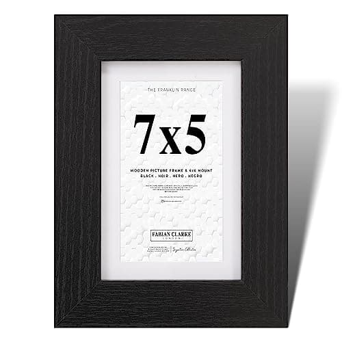 Image of Fabian Clarke London® 7x5 Modern Black Wooden Picture Photo Frame with 6x4 White Mount Includes Safety Glass Front Hang Portrait or Landscape