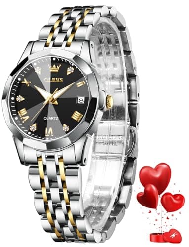 Image of OLEVS Womens Watch Fashion Dress Diamond Roman Numerals Ladies Black Analog Quartz Stainless Steel Waterproof Luminous Date Female Watch