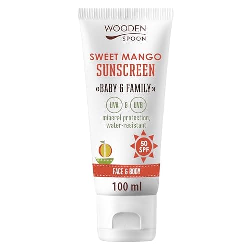 Image of Wooden Spoon Organic Baby & Family Sunscreen SPF 50 – Sweet Mango | Natural Mineral Sunscreen with Non-Nano Zinc Oxide | UVA/UVB Protection | Water Resistant | Sensitive Skin (100ml)
