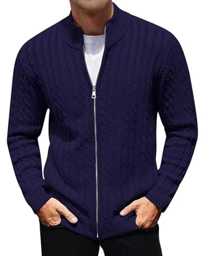 Image of AIYINO Mens Cardigan Ribbed Knit Sweater Full Zip Stand up Collar Jumpers for Men Long Sleeve Thick Pullover L Navy
