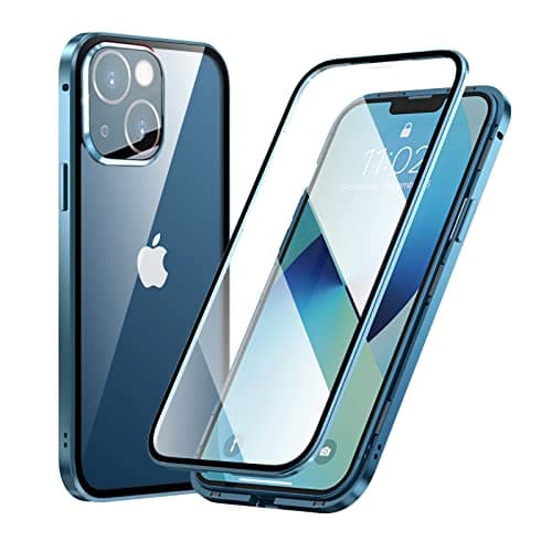 Image of MIMGOAL Case for iPhone 13 Mini, Magnetic Metal Bumper 360 Degree Full Body Protective Case with Front and Back Transparent Tempered Glass Crystal Clear Cover for iPhone 13 Mini 5.4", Blue