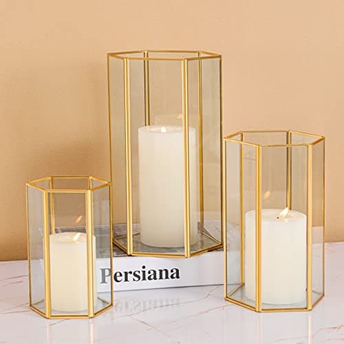 Image of Glass Hurricane Candle Holder, Set of 3 Large Clear Hexagon Lanterns Pillar Candle Lantern with Gold Metal Frame Wedding Centerpiece Table Decor Home Decorations
