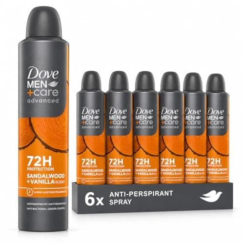 Image of Dove Men+Care Advanced Antiperspirant Deodorant Spray 250ml – Pack of 6 Sandalwood & Vanilla, 72H Protection, Long Lasting Fresh Scent