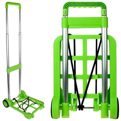 Image of Green Collapsible Trolley with Wheels – Folding Luggage Cart with Bungee Straps – 15kg Load Capacity – Lightweight Suitcase Bag Carrier for Travel, Camping, Holidays & Festivals – Compact Trolley
