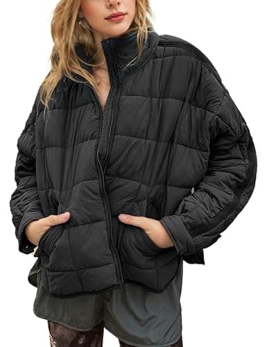 Image of Omoone Women's Quilted Puffer Jacket Zip Up Oversized Lightweight Padded Down Coat Outerwear, Black, XL