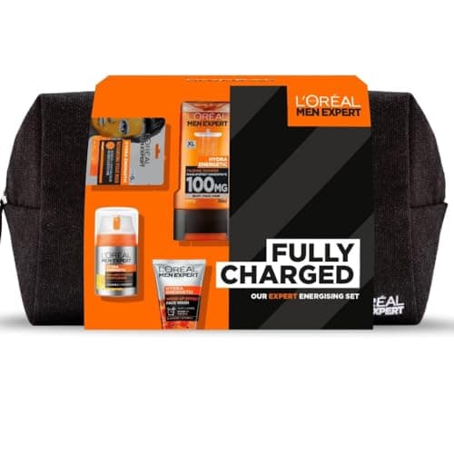 Image of L'Oreal Men Expert Gift Set for Men, Hydra Energetic Fully Charged Washbag: Shower Gel, Moisturiser for Men, Sheet Face Mask and Face Wash