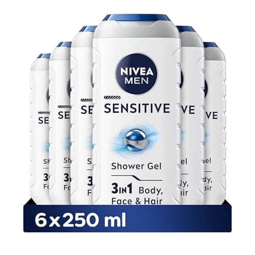 Image of NIVEA MEN Sensitive Shower Gel Pack of 6 (6 x 250 ml), Alcohol-Free Sensitive Skin Body Wash, Gentle Shower Gel Men with Bamboo Extract, Body Wash for Men with Irritated Skin