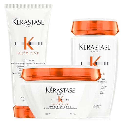 Image of New Kerastase PACK Nutritive Bain Satin Riche High Nutrition Rich Shampoo 250ml, Lait Vital 200ml and Masquintense 200ml