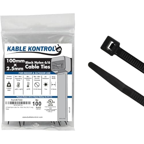 Image of Kable Kontrol Black Cable Ties, 100 mm x 2.5 mm, Pack of 100, 4" Premium Nylon Zip Ties, Multi-Purpose Plastic Tie Wraps, Secure Self-Locking Mechanism, for Home, Garden, Office and DIY