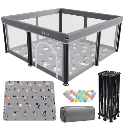 Image of Foldable Baby Playpen with Mat,50"×50" Collapsible Playard for Babies and Toddlers,Indoor&Outdoor Kids Safety Play Pen,Portable Travel Playpen with Travel Pack and 30 Ocean Balls