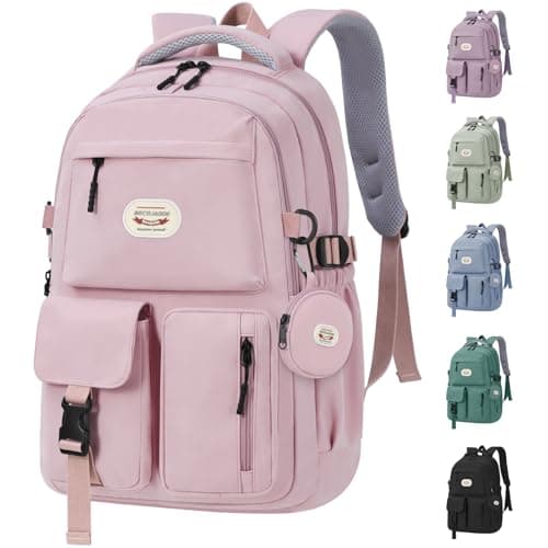 Image of BECOJADDE Backpack School Bag Womens Girls with 15.6'' Laptop compartment, Water Resistant Rucksack with Coin Purse, Daypack for College, Work & Travel, Ideal for Teens & Students Pink 25L