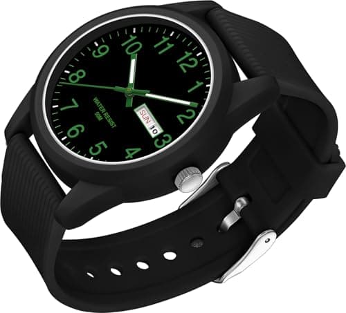 Image of findtime Men's Quartz Watch Analogue Sporty Watch Men Women 50 m Waterproof Silicone Strap Casual Wristwatches for Teenagers with Date Day of the Week Luminous Hands Large Numbers, Black-green, Strap.