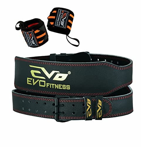 Image of EVO Fitness 4” Matte Black Weight Lifting Belt With 18" Wrist Straps Gym Cowhide Leather Padded Lumbar Back Support Powerlifting Bodybuilding Workout Training Men Women (Black, 2X-Large)