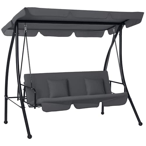 Image of Outsunny Outdoor 2-in-1 Swing Chair Lounger 3 Seater Garden Swing Seat Bed Hammock Bed Convertible Tilt Canopy W/Cushion, Dark Grey