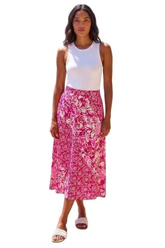 Image of Roman Jersey Skirt for Women UK - Ladies Midi Maxi Floral Animal Print Autumn Winter Swing Smart Casual Office Cocktail Party Going Out Evening Holiday Cruise - Pink Multi - Size 14