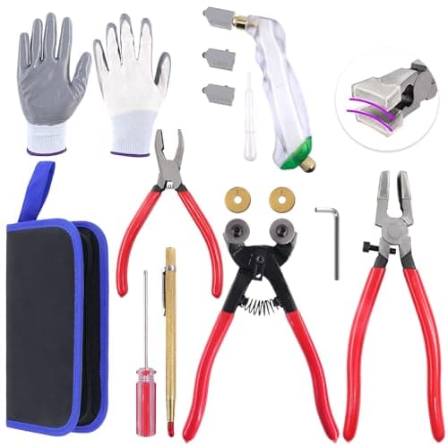 Image of Swpeet 10Pcs Glass Cutter Tools Kit, Mosaic Wheeled Glass Tile Nippers, Glass Running Pliers, Breaker Grozer Pliers, Tungsten Carbide Tip Scriber, Grip Oil Feed Glass Cutter, Gloves, Zipper Bag