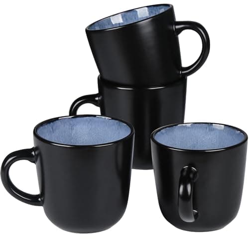Image of Greentainer Ocean Blue Mug Set of 4 - Handmade Stoneware Coffee Cups with Big Handle - Modern, Boho, Unique Style for Any Kitchen. Microwave & Dishwasher Safe,16oz