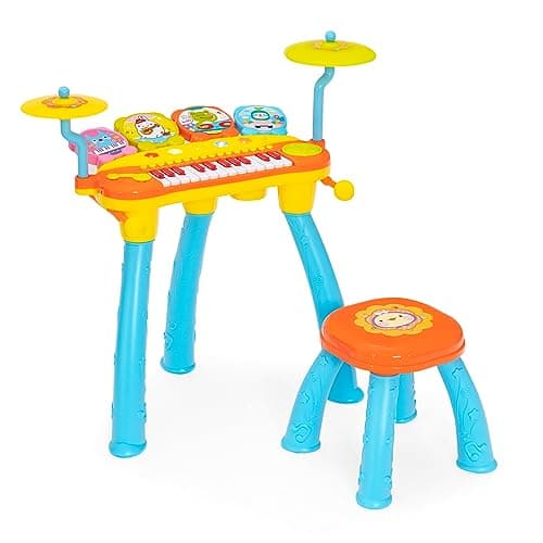 Image of COSTWAY 24-Key Kids Electronic Piano, Toddler Keyboard and Drum Set with Stool, Microphone, LED Lights, MP3, Record & Replay Function, Musical Instrument Toy for Boys Girls (Blue)