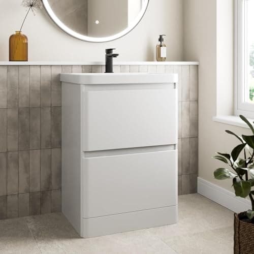 Image of Affine® 600mm Bathroom Vanity Unit With Wash Basin Resin Sink, Single Tap Hole, 2 Soft Close Drawers, Cloakroom Storage Furniture Freestanding Storage, Fully Assembled, Modern Curved, White Gloss